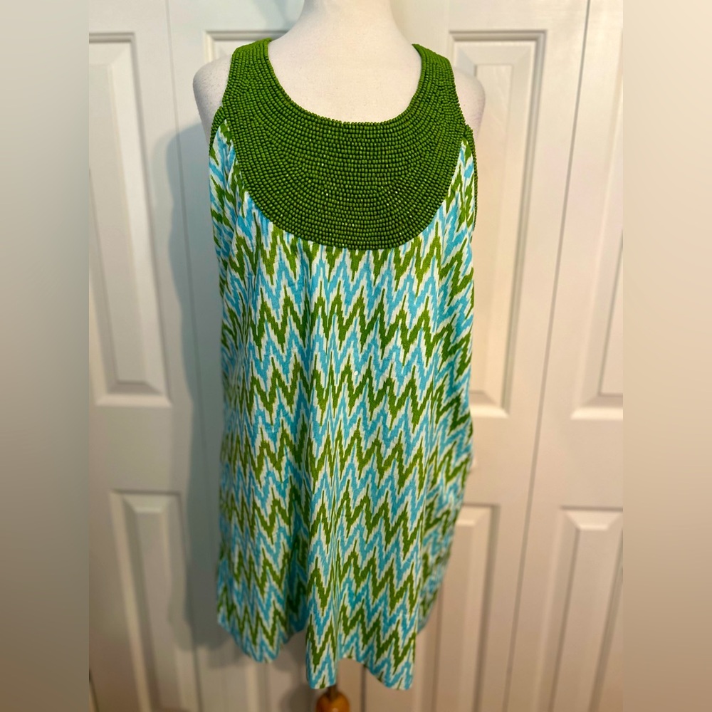Gretchen Scott Designs Green & Aqua Beaded Neck Shift Dress
